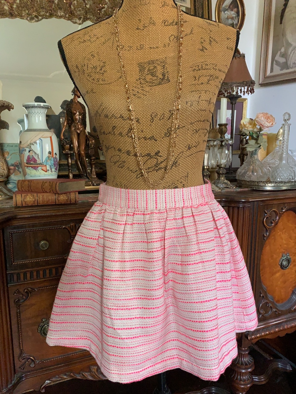 Vintage Striped Pink Tweed Spring Summer Honeymoon Vacation Mini Skirt